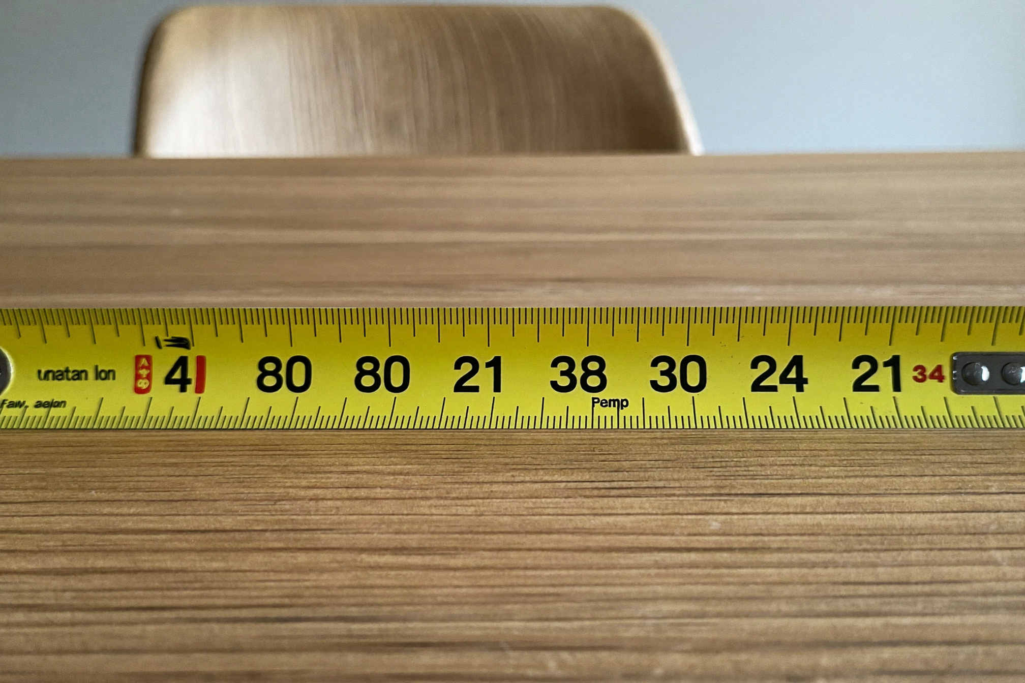 Taśma miernicza rozłożona poprzecznie przez krótki bok stołu jadalnego, pokazuje szerokość 80 cm